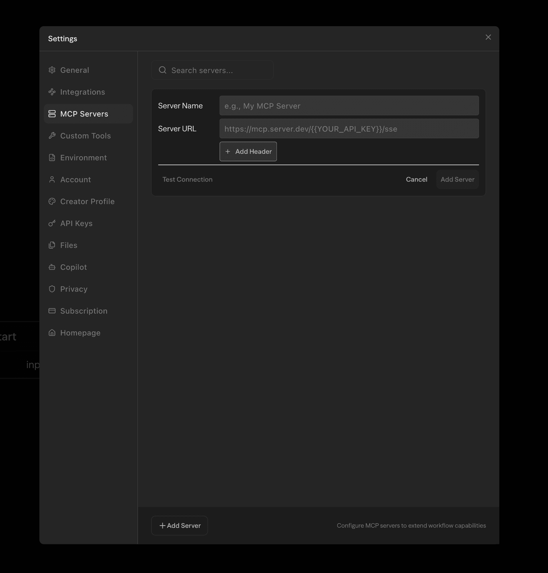 Configuring MCP Server in Settings