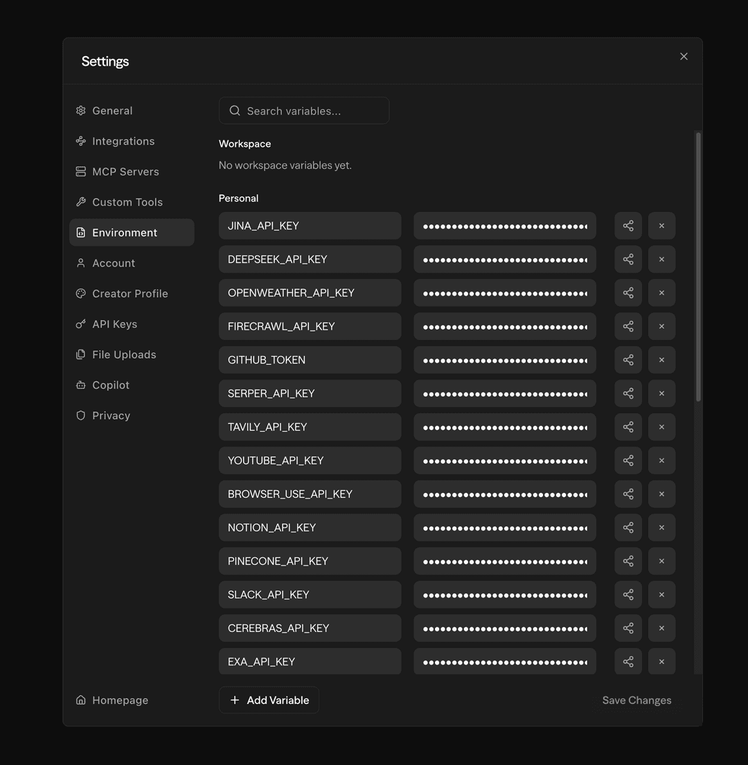 Environment variables modal for creating new variables